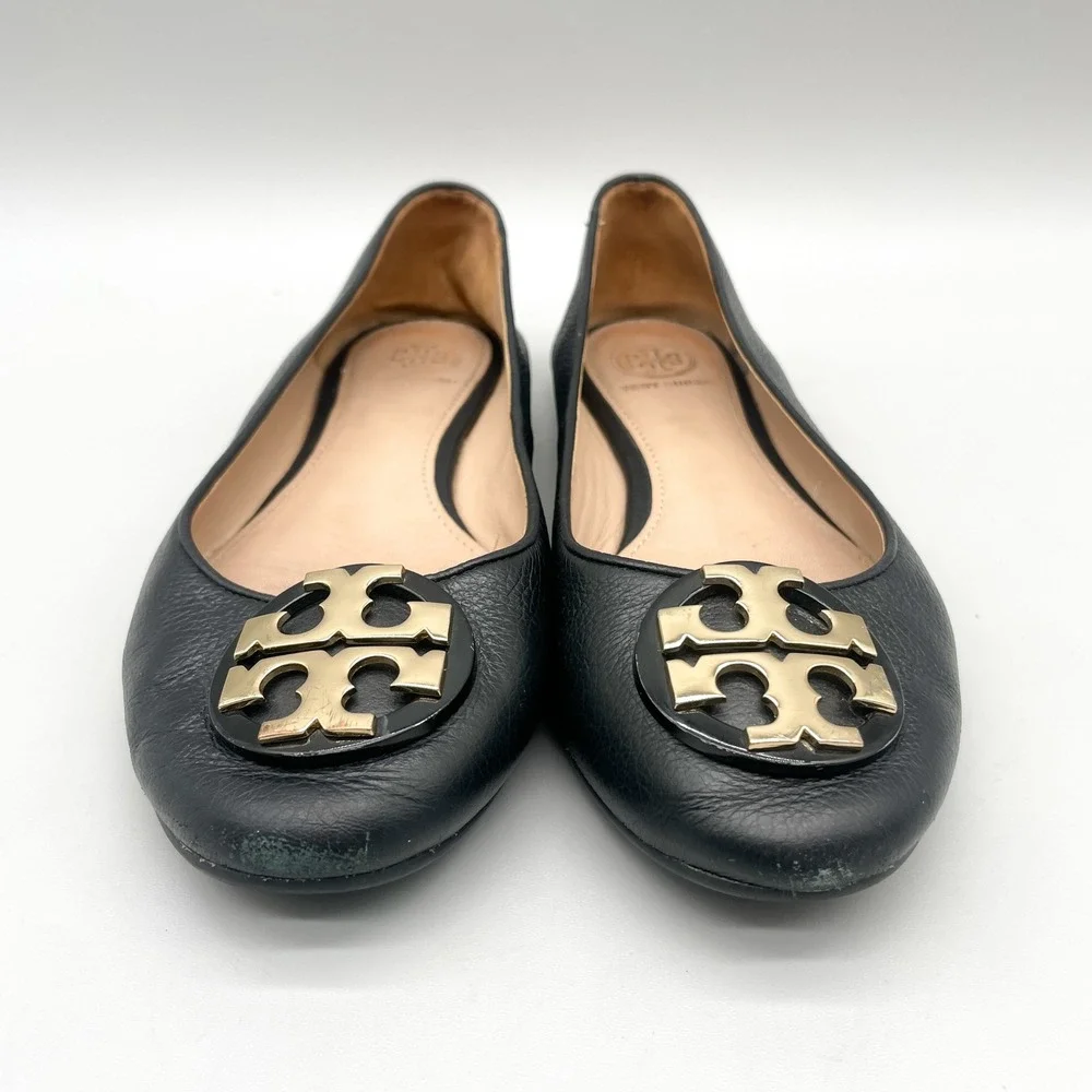 Tory Burch Womens 7 Claire Ballet Flats Black Leather Gold Logo Preppy Office